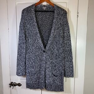 J. Jill Women's Large Cardigan Sweater Black White Knit Pockets‎ Button Front